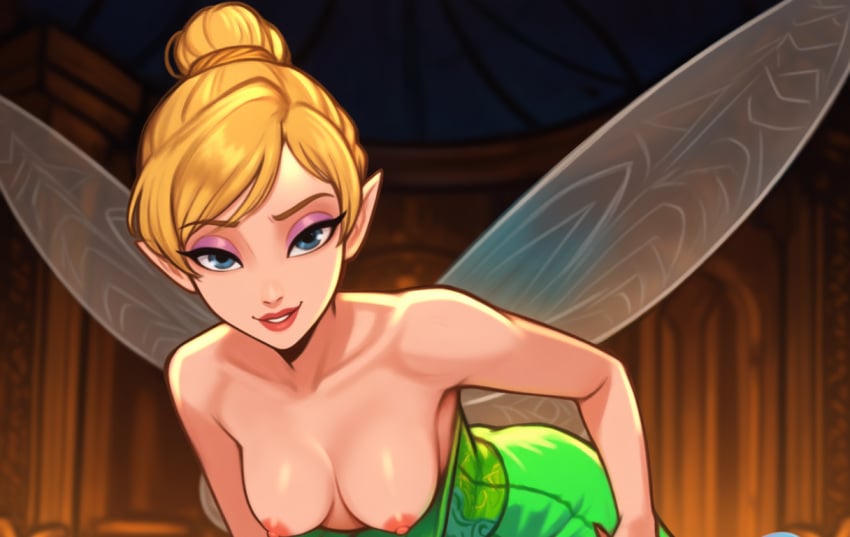 ai generated, disney, tinker bell, breasts, fairy wings, nipples