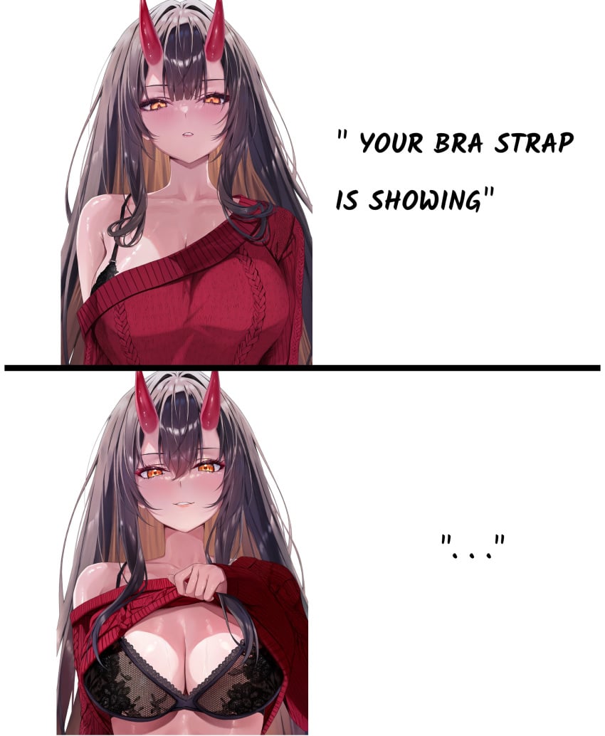 ai assisted, ai generated, big breasts, black bra, long hair, sweater