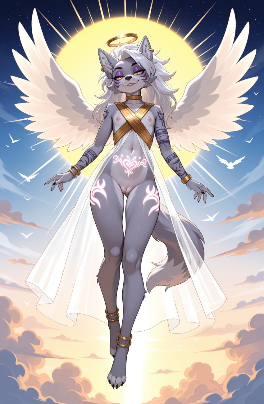 zonoya, ai generated, roxanne wolf, anthro, innie pussy, pink nipples
