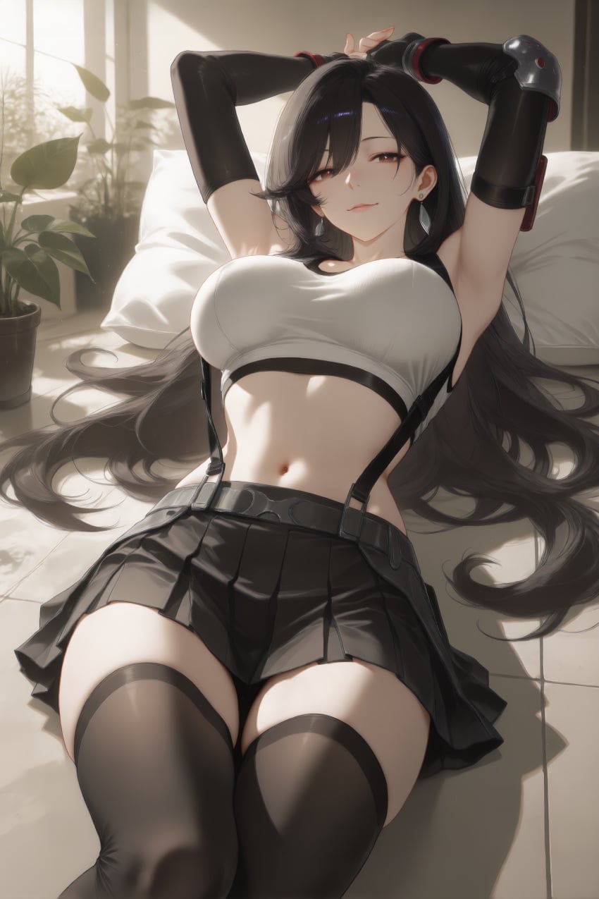 ai generated, final fantasy vii, tifa lockhart, black hair, breasts, navel