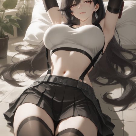 ai generated, final fantasy vii, tifa lockhart, black hair, breasts, navel