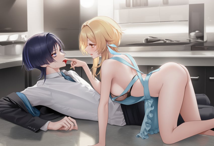 aiwaifuhub, ai generated, genshin impact, lumine, bare ass, sideboob