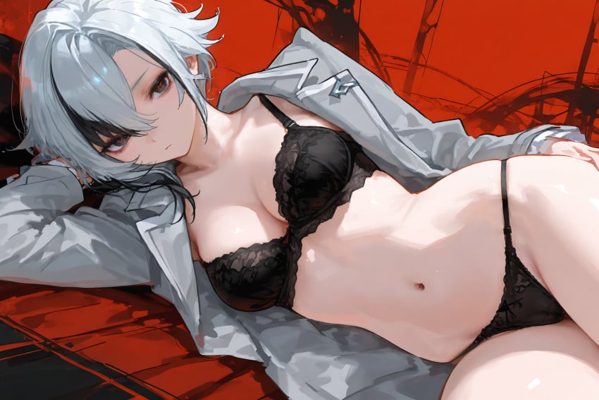 krowenx, ai generated, genshin impact, arlecchino, bra, breasts