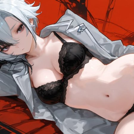 krowenx, ai generated, genshin impact, arlecchino, bra, breasts