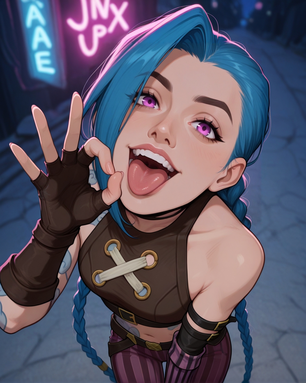 vilerune, ai generated, league of legends, jinx, blue hair, navel