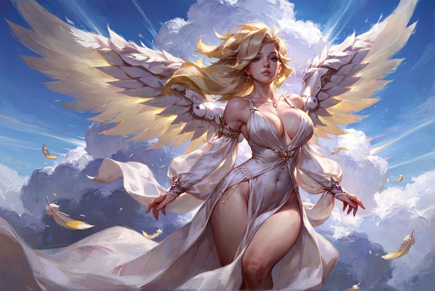 philon, ai generated, overwatch, mercy, blonde hair, breasts