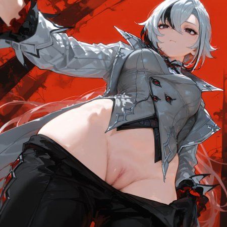 krowenx, ai generated, genshin impact, arlecchino, no panties, breasts