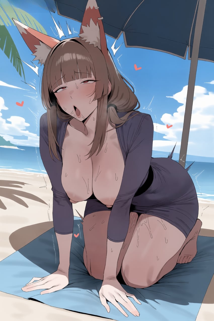 ai generated, spice and wolf, holo, beach, breasts, nipples
