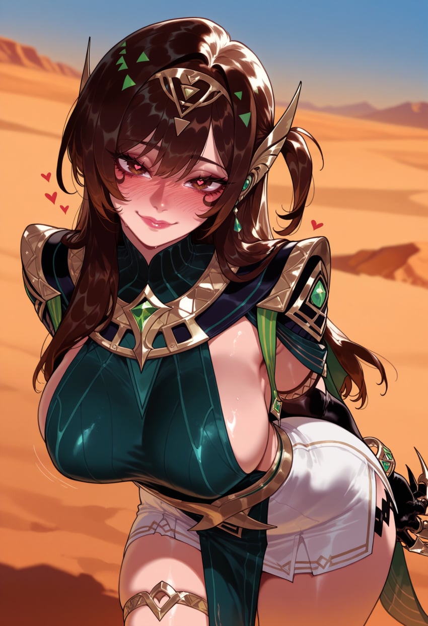 arms behind back, blurry background, blush, bracelet, breasts, closed mouth
