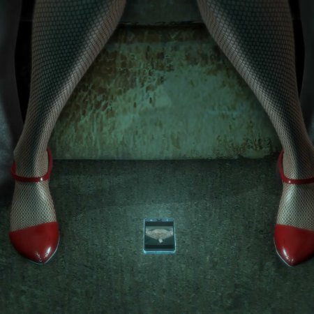 arms behind back, fishnet thighhighs, fishnets, from behind, large breasts, sitting on lap