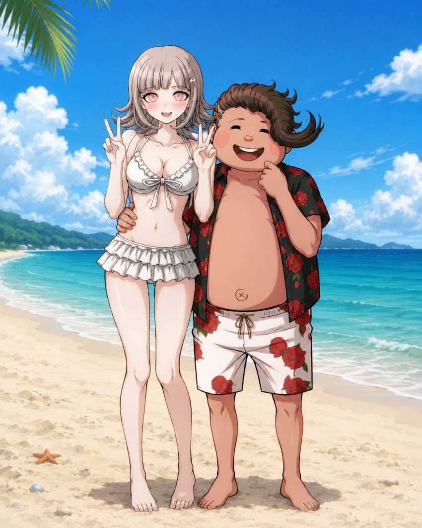 danganronpa, bikini, brown hair, embarrassed, embarrassed expression, embarrassed female