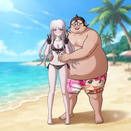 danganronpa, beach background, bikini, embarrassed, embarrassed expression, embarrassed female