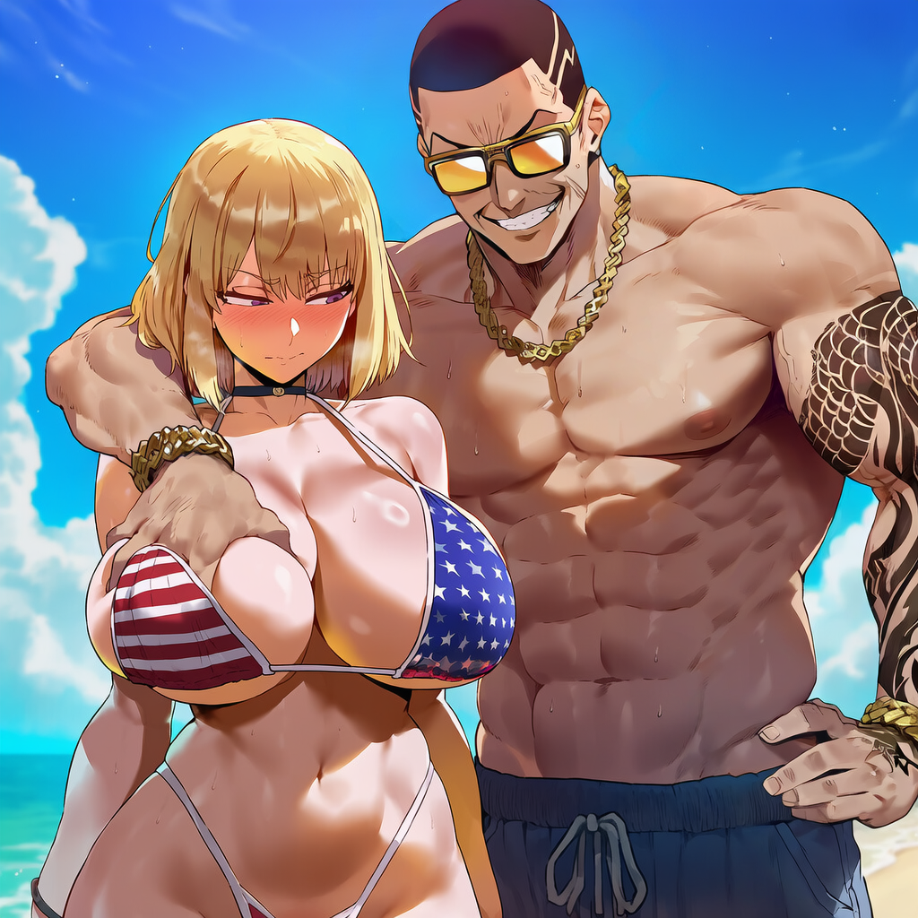american flag bikini, big breasts, blush, breast grab, cheating, embarrassed