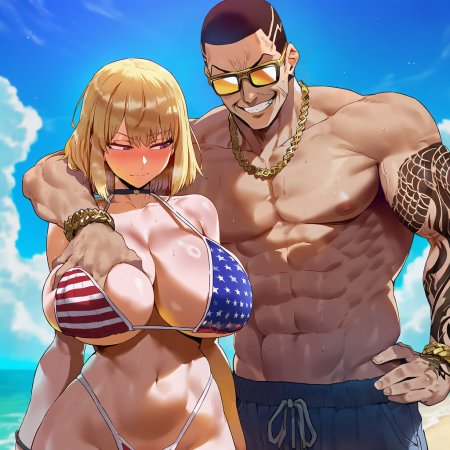 american flag bikini, big breasts, blush, breast grab, cheating, embarrassed
