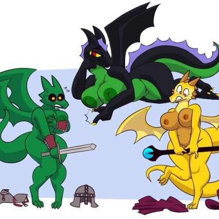 3girls, breasts, covering, dragon, embarrassed, female