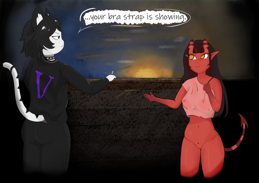 bra, bra strap, bra strap showing, breasts, cigarette