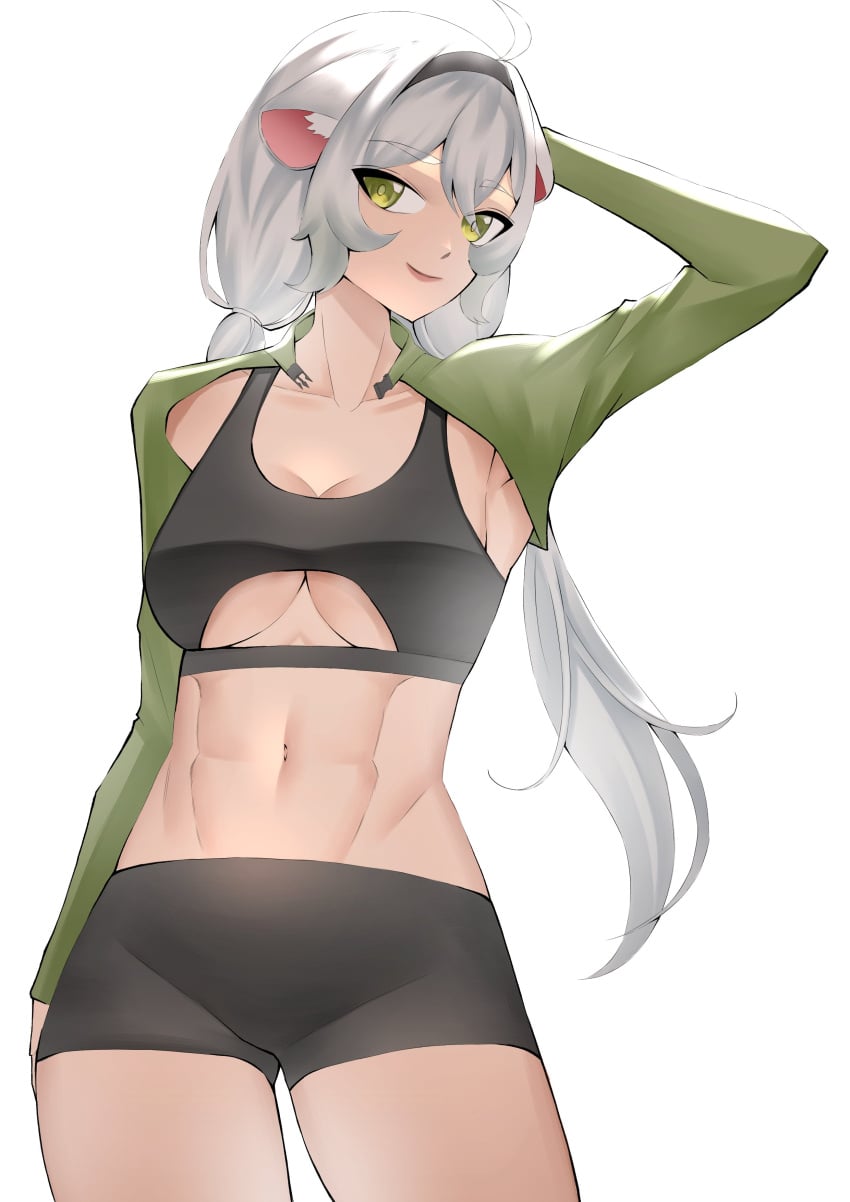 animal ears, armpits, black bra, black shorts, bra, breasts