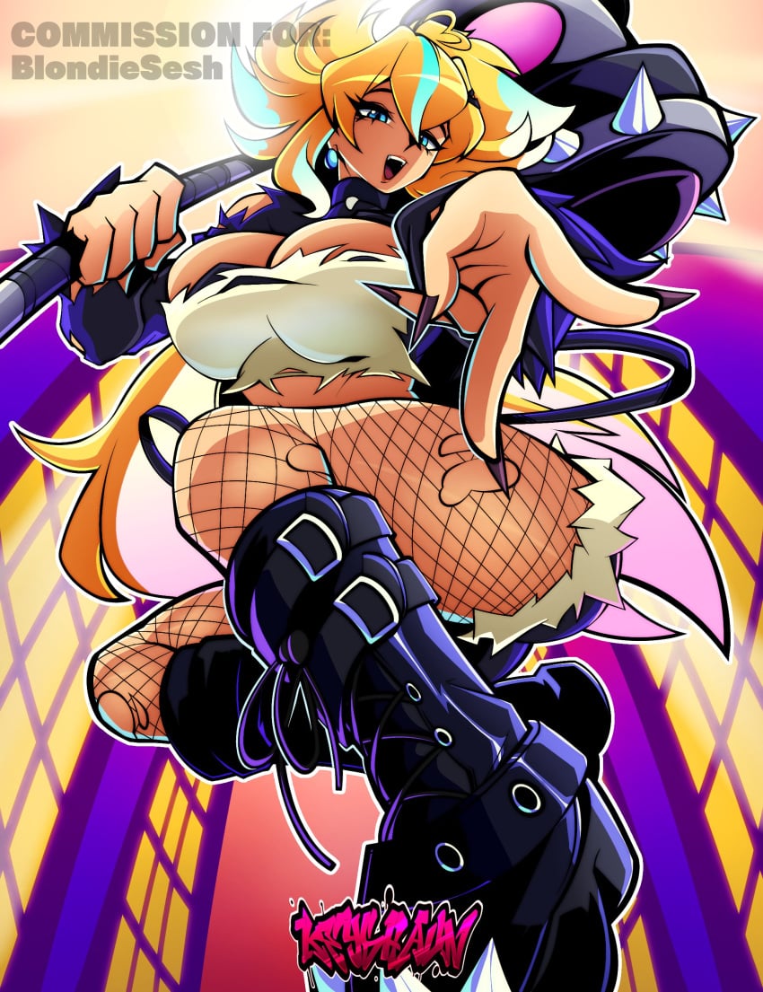 ass, big breasts, black boots, black shirt, blonde hair, blue eyes