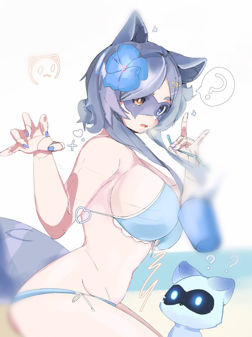 animal ears, big breasts, bikini, blue bikini, blue eyes, blue flower