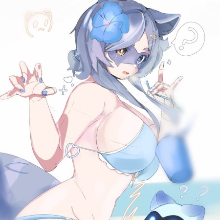 animal ears, big breasts, bikini, blue bikini, blue eyes, blue flower