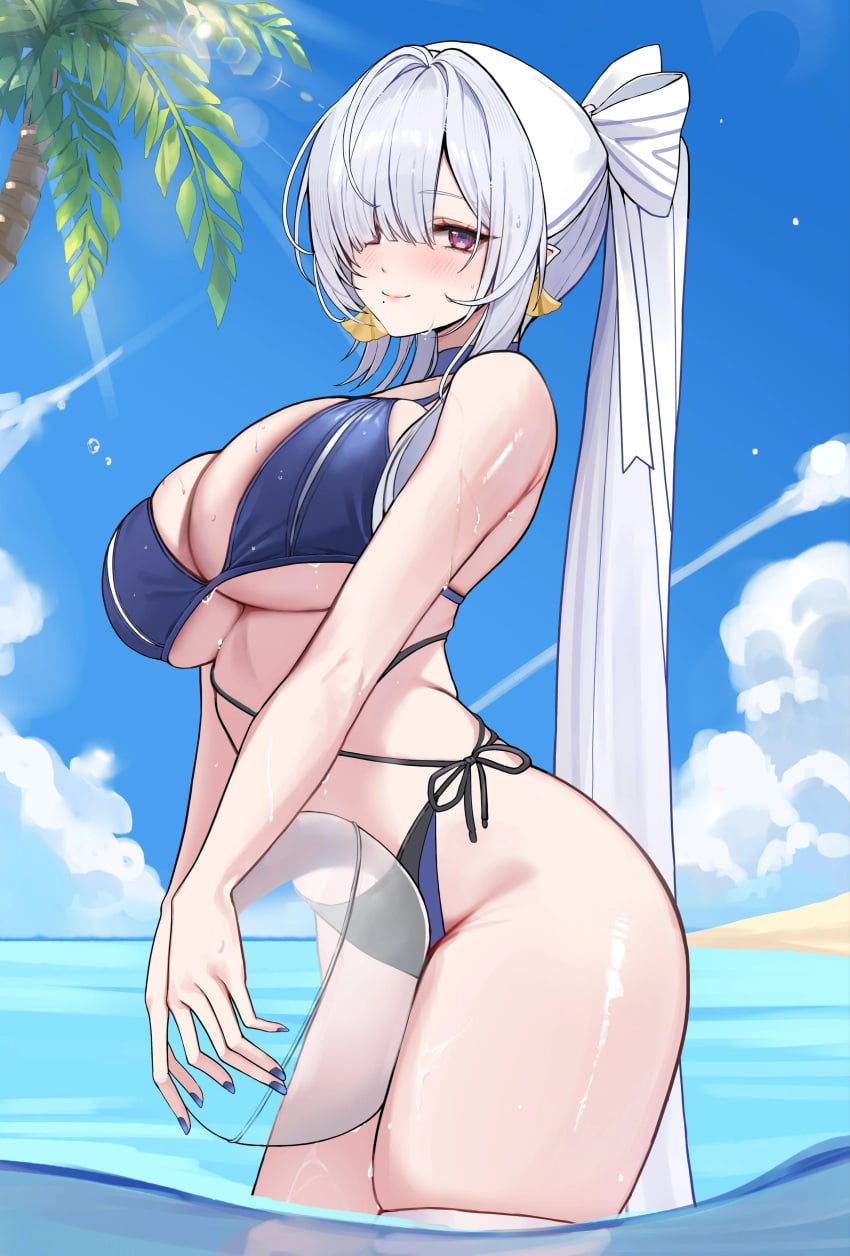zenless zone zero, bikini, blue nails, colored nails, long hair, long nails
