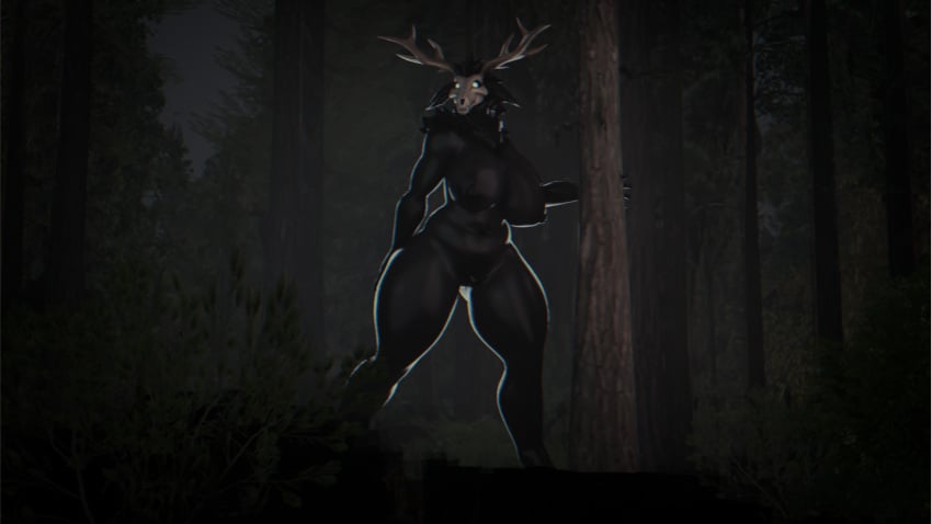 anthro, antlers, areola, belly, big breasts, big nipples