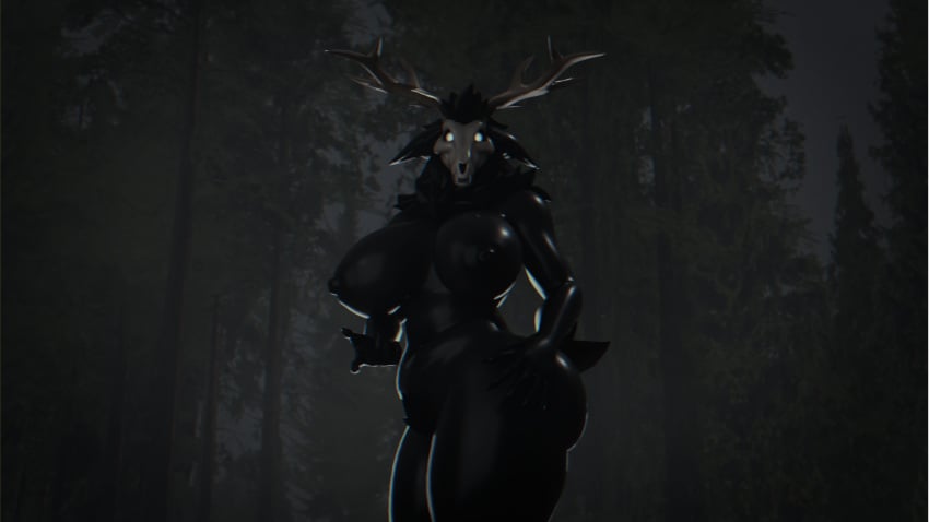 american mythology, wendigo, anthro, antlers, areola, belly