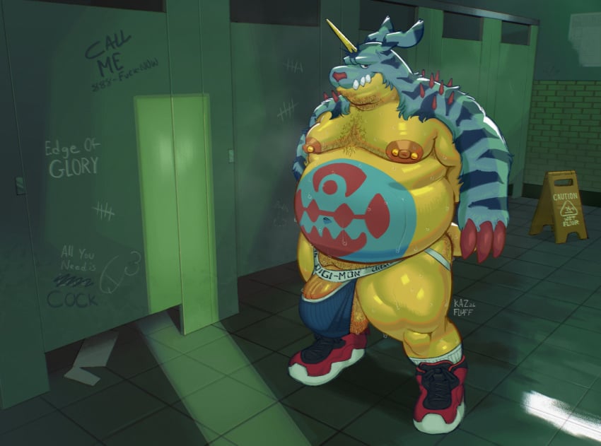 anthro, balls, barbell piercing, bathroom, belly, belly markings