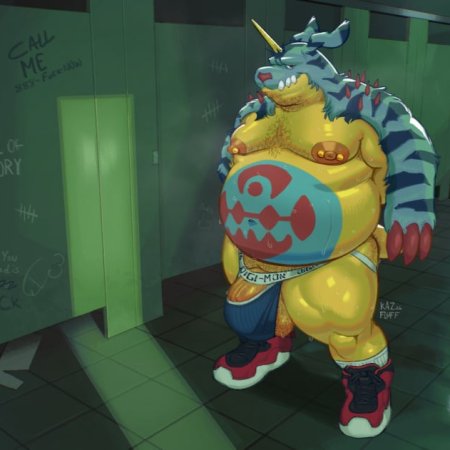 anthro, balls, barbell piercing, bathroom, belly, belly markings