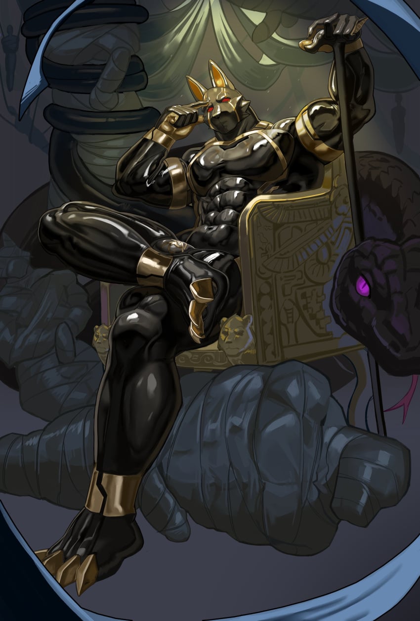 egyptian mythology, middle eastern mythology, mythology, anubis, 5 fingers, abs
