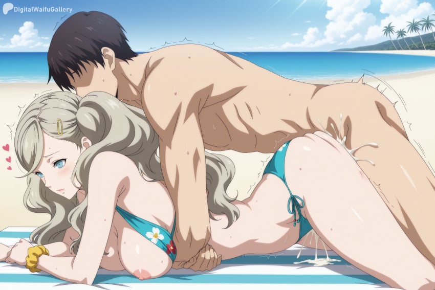 persona 5, ann takamaki, ass, beach, bikini, black hair
