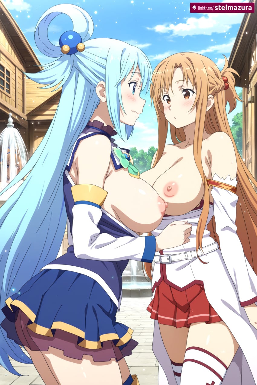 kono subarashii sekai ni shukufuku wo!, sword art online, blue hair, blue skirt, blue sky, blush