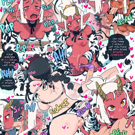 lucia, meisha, mia, 1boy, 3girls, cow print bikini