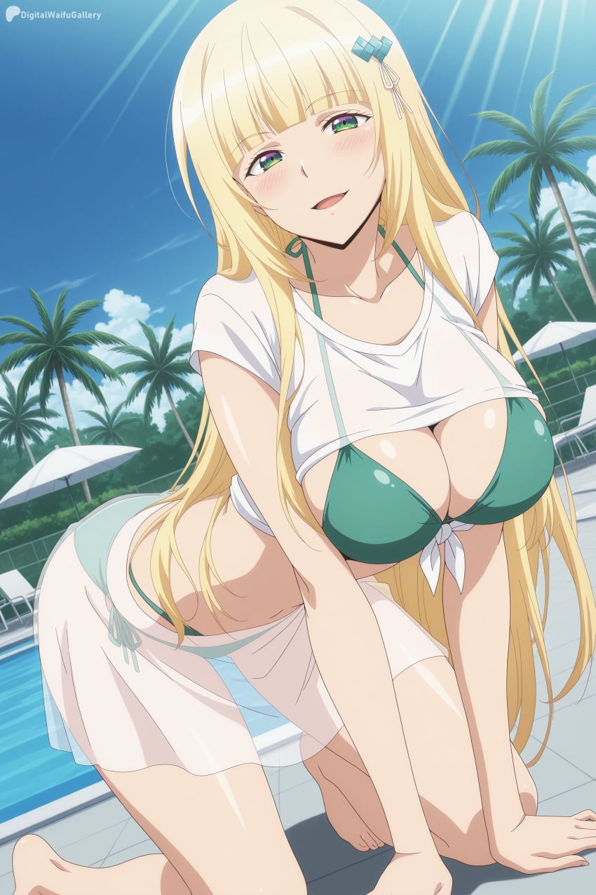 blue sky, blunt bangs, blush, breasts, christiana leta rosebreia, open mouth