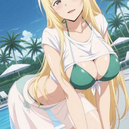 blue sky, blunt bangs, blush, breasts, christiana leta rosebreia, open mouth