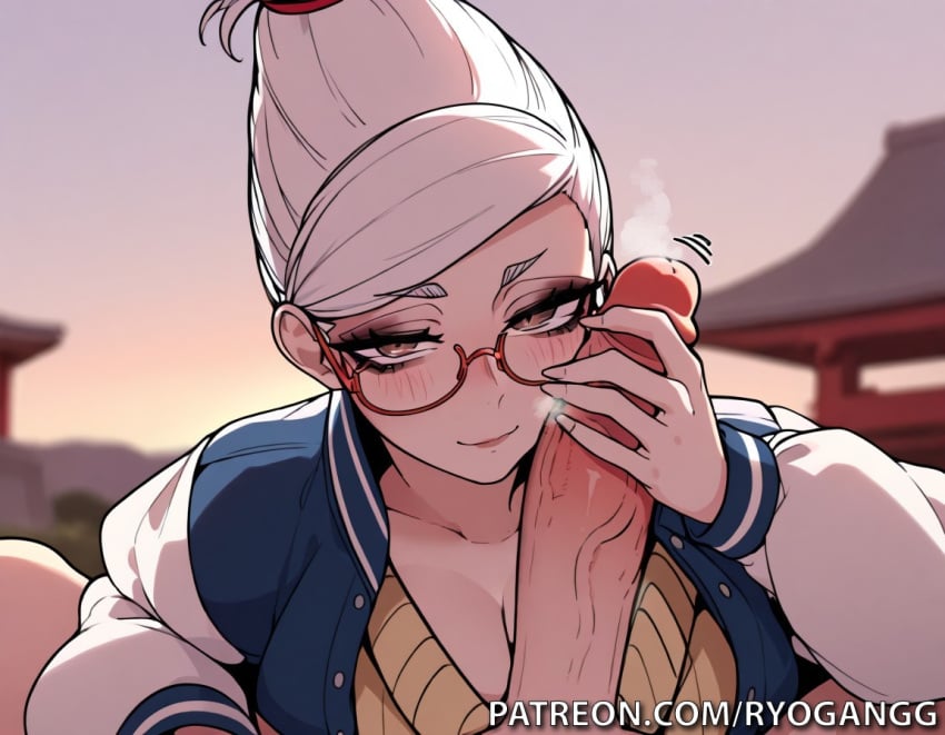 dandadan, ayase seiko, brown eyes, cock on face, cock on head, glasses
