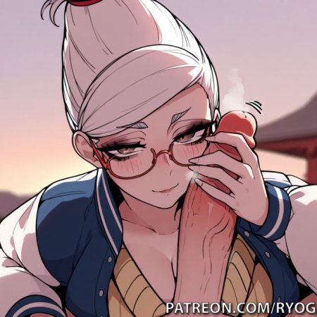 dandadan, ayase seiko, brown eyes, cock on face, cock on head, glasses