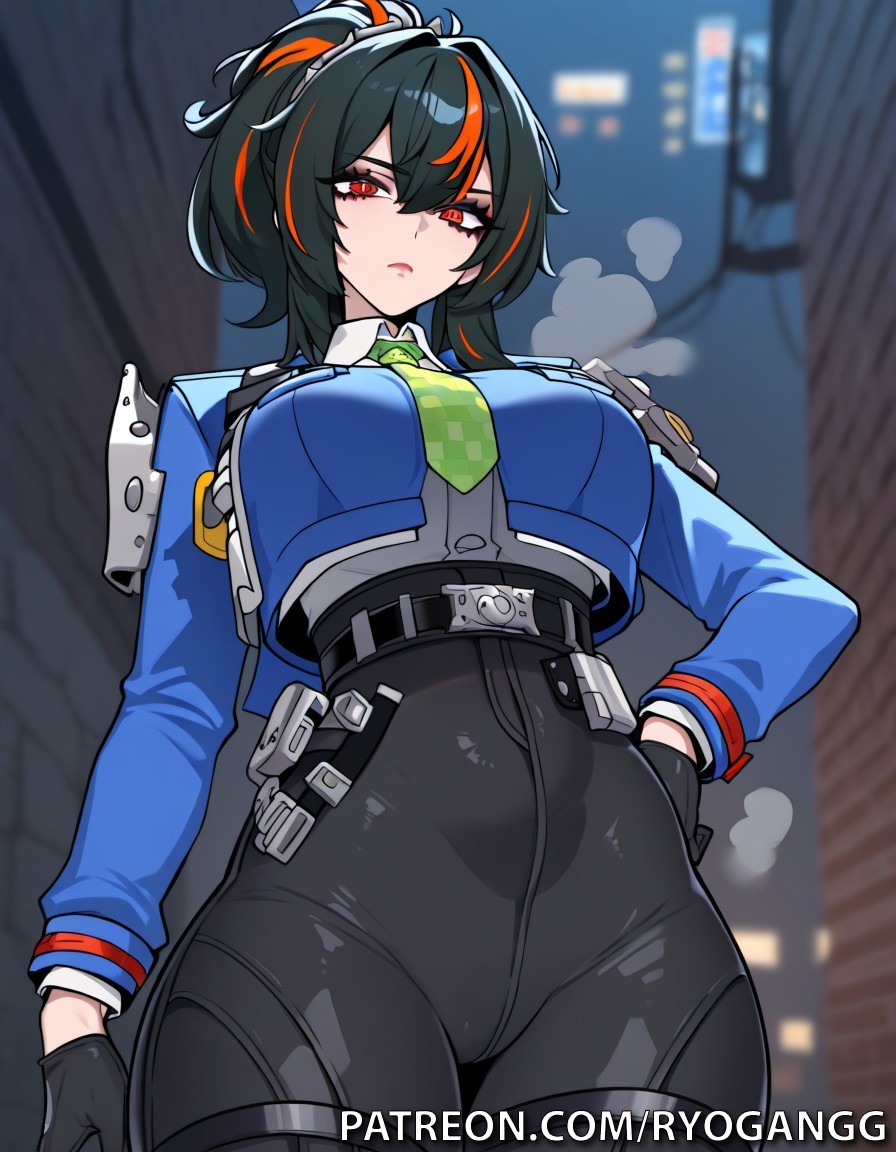 hoyoverse, zenless zone zero, zhu yuan, black hair, black legwear, blue jacket