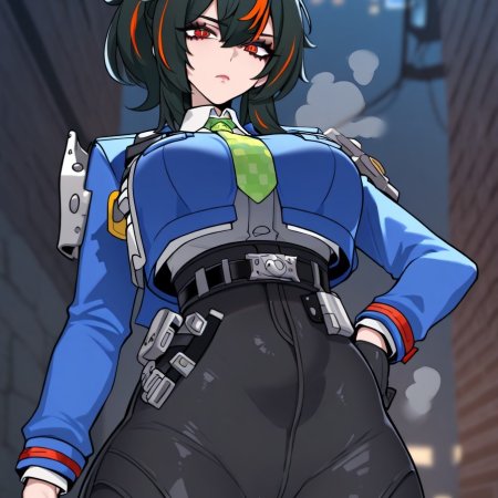 hoyoverse, zenless zone zero, zhu yuan, black hair, black legwear, blue jacket