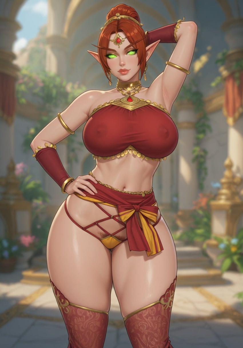 rgomez007, ai generated, blood elf, armpits, auburn hair, bangle