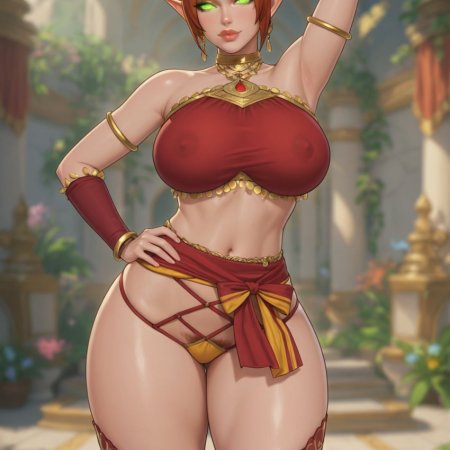 rgomez007, ai generated, blood elf, armpits, auburn hair, bangle