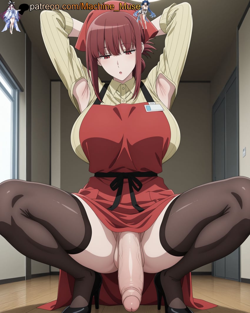 machine muse, ai generated, arms up, bent penis, big breasts, huge cock