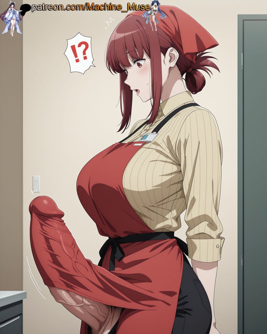 machine muse, ai generated, apron, big breasts, big cock, penis