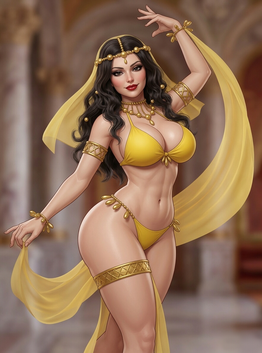 rgomez007, ai generated, arabian female, bikini, black hair, large breasts