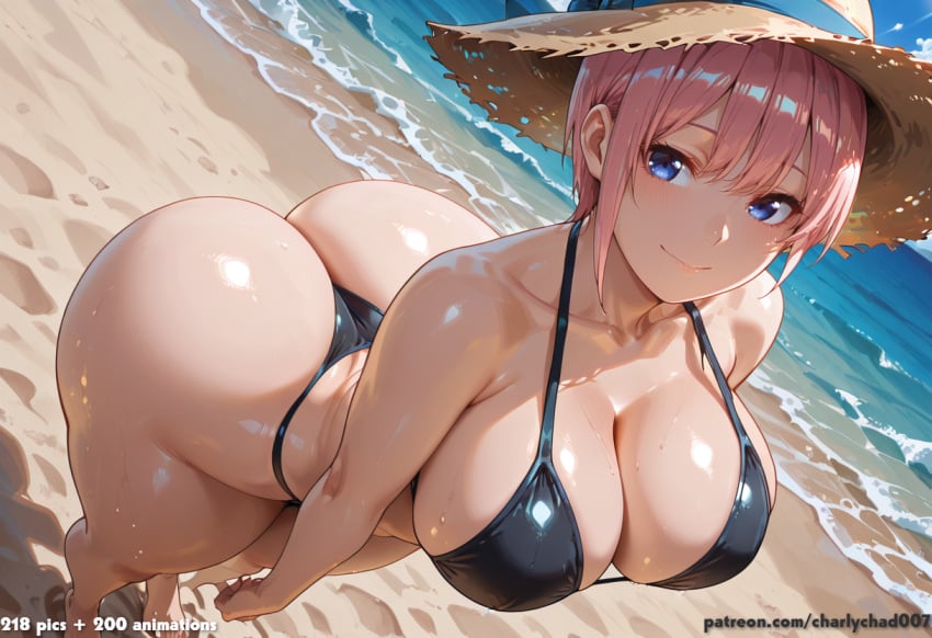nakano ichika, beach, bikini, black bikini, blue eyes, boobs