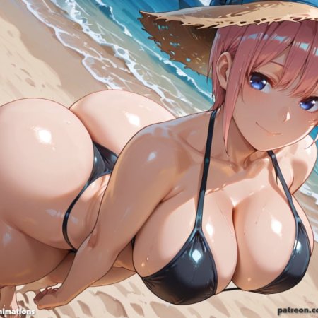 nakano ichika, beach, bikini, black bikini, blue eyes, boobs
