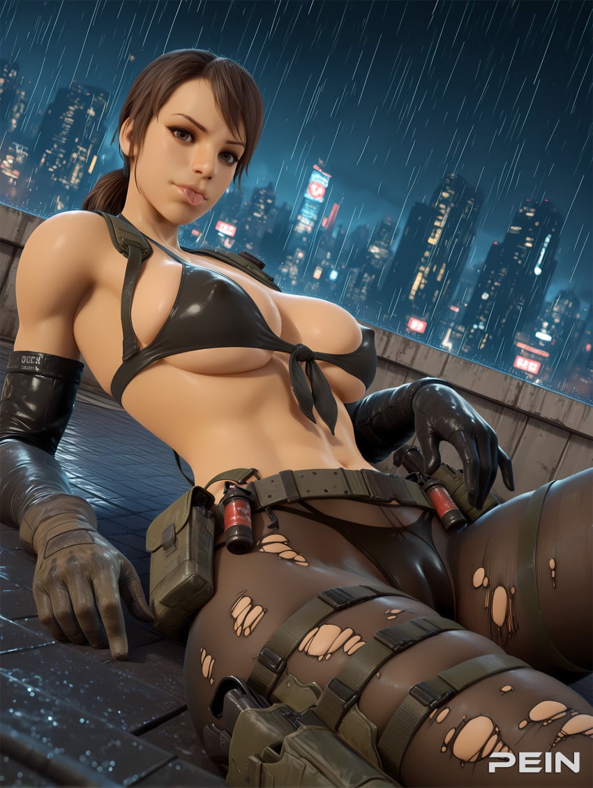 metal gear solid, quiet, black bikini, breasts, brown eyes, brown hair