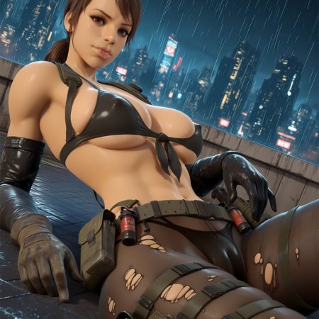 metal gear solid, quiet, black bikini, breasts, brown eyes, brown hair