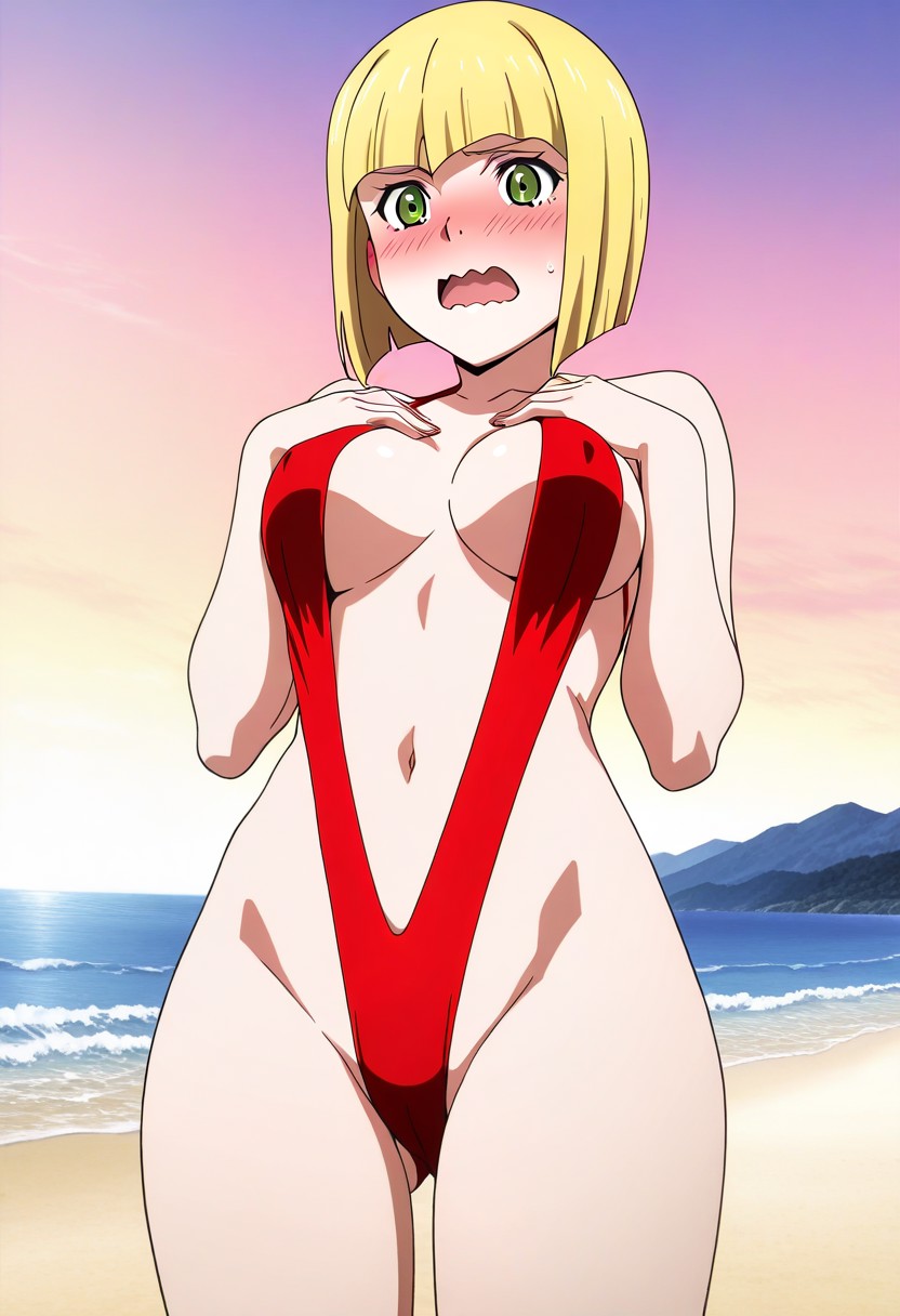 ai generated, tatakau shisho, 1girls, beach, blonde female, blonde hair