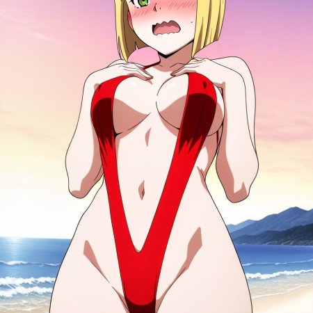 ai generated, tatakau shisho, 1girls, beach, blonde female, blonde hair